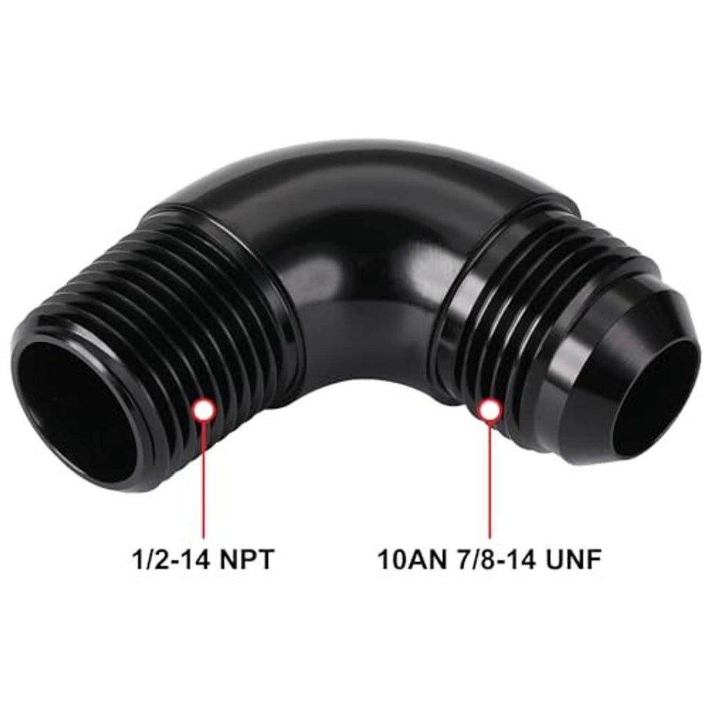 Black 90-degree elbow fitting labeled 1/2-14 NPT and 10AN 7/8-14 UNF