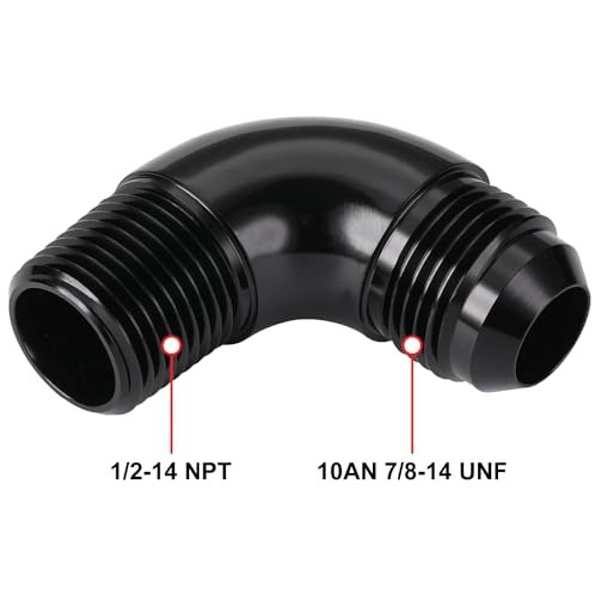 Black 90-degree elbow fitting labeled 1/2-14 NPT and 10AN 7/8-14 UNF