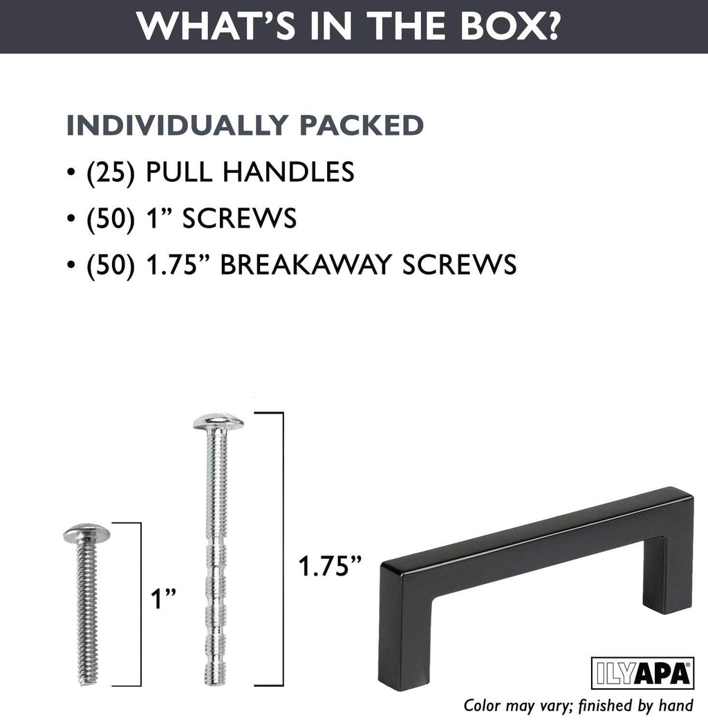 Square cabinet pull package with screws and 1.75-in breakaway screws