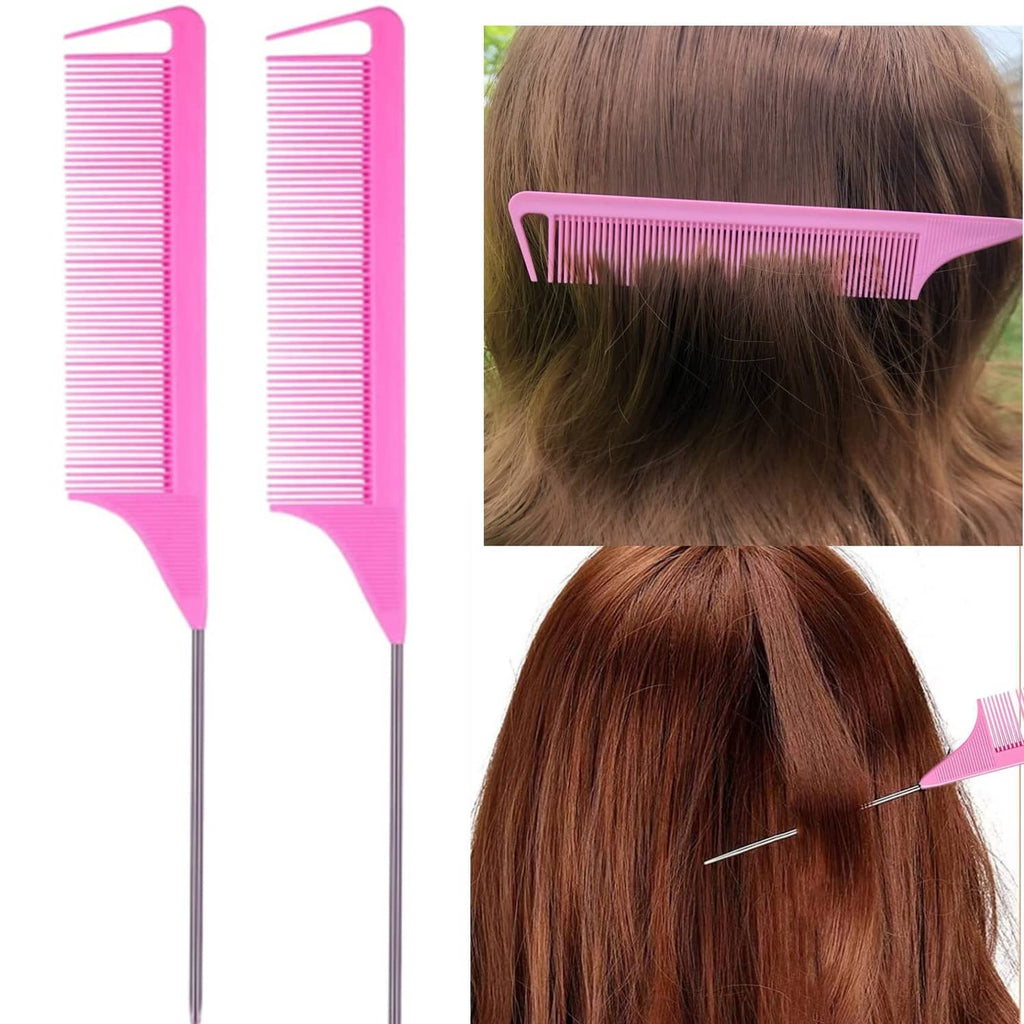 Pink detangling comb set with two fine-tooth combs for sectioning hair