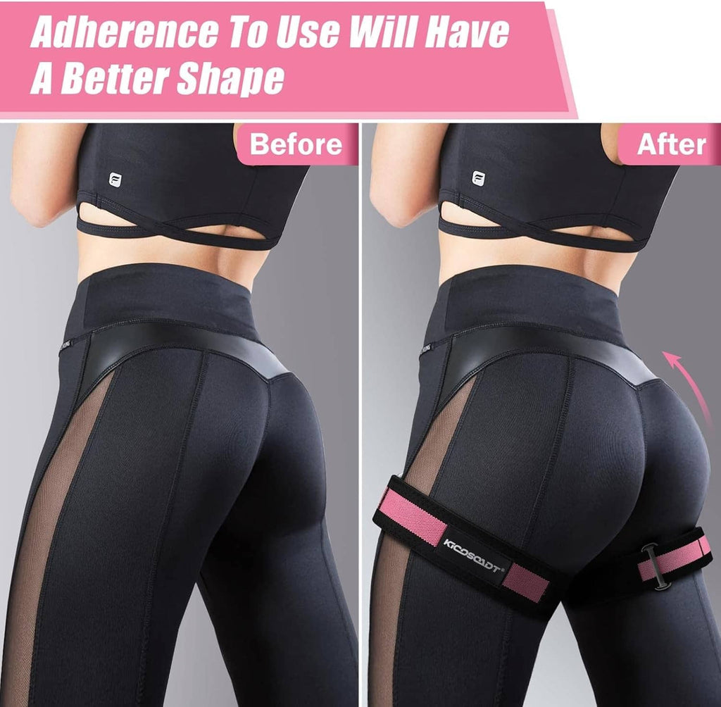 Pink and black booty band worn around hips on fitness leggings
