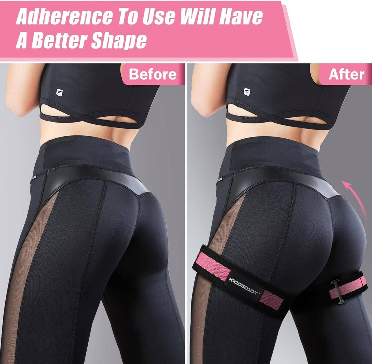 Pink and black booty band worn around hips on fitness leggings