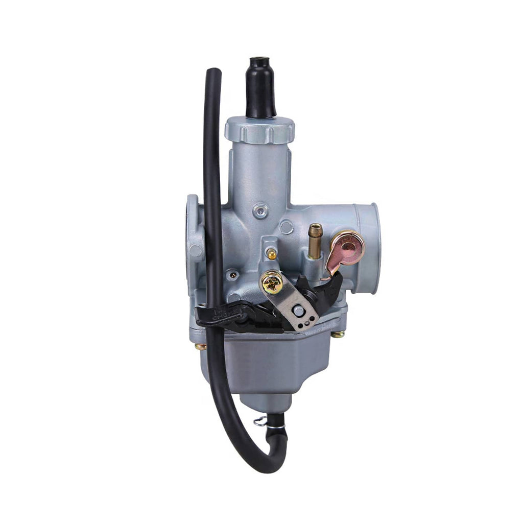 Light gray carburetor with black choke tube and fuel hose connections