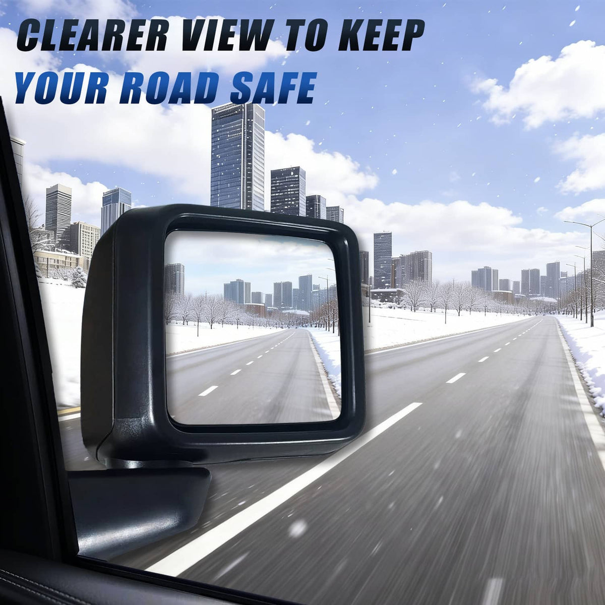 Mounted black power heated side mirror with square reflective glass