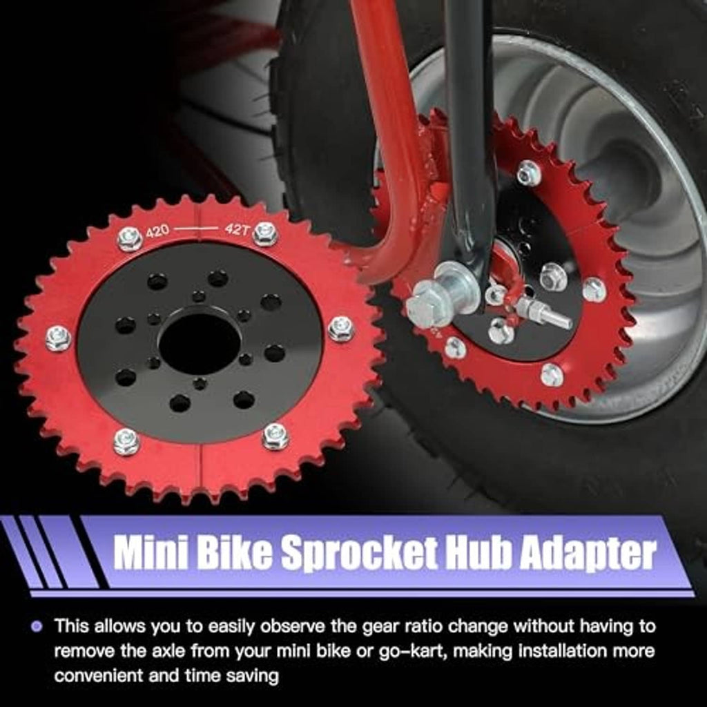 Red split sprocket and black hub adapter mounted near a mini bike wheel and hardware