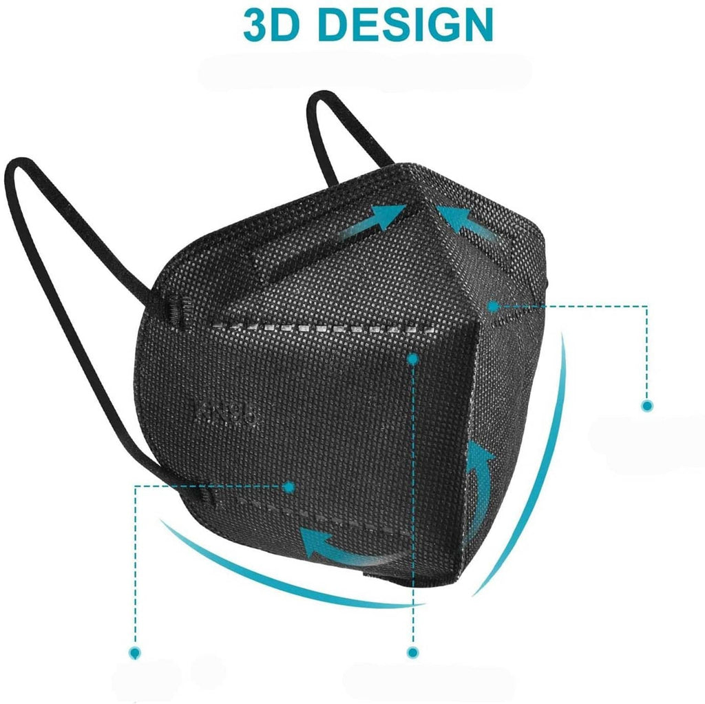 Black 3D KN95 face mask with adjustable nose clip and ear loops
