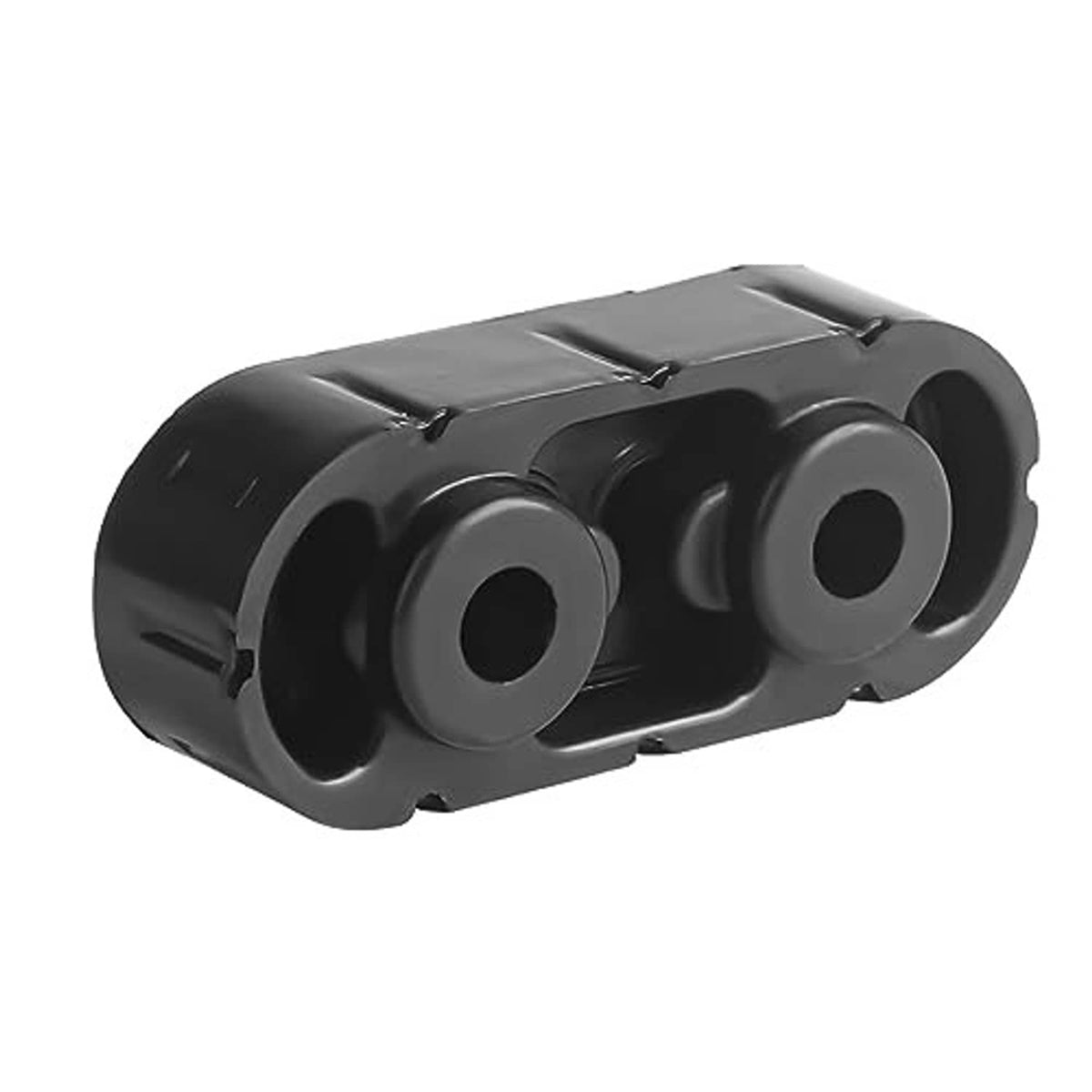 Black exhaust muffler hanger insulator with two large mounts and side slots