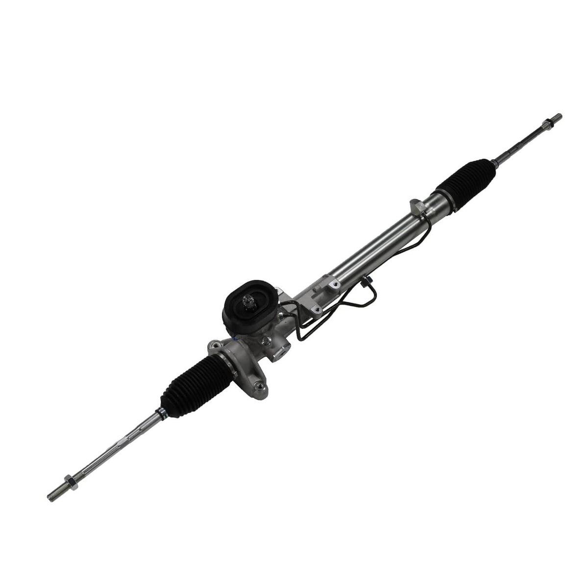Power steering rack and pinion assembly, black boots and end link shafts, silver metal