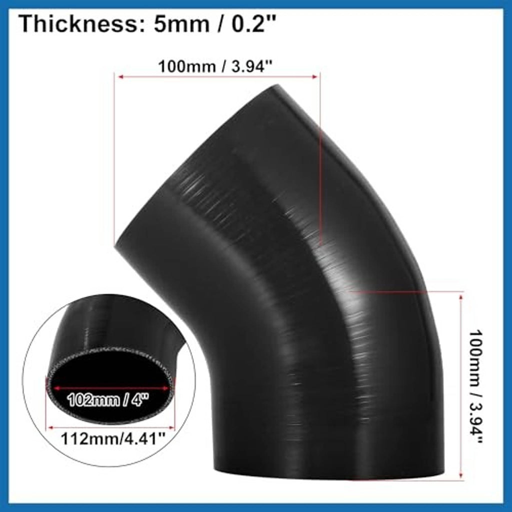 Black 45-degree silicone hose elbow, 102mm/4 in ID, 5mm thick