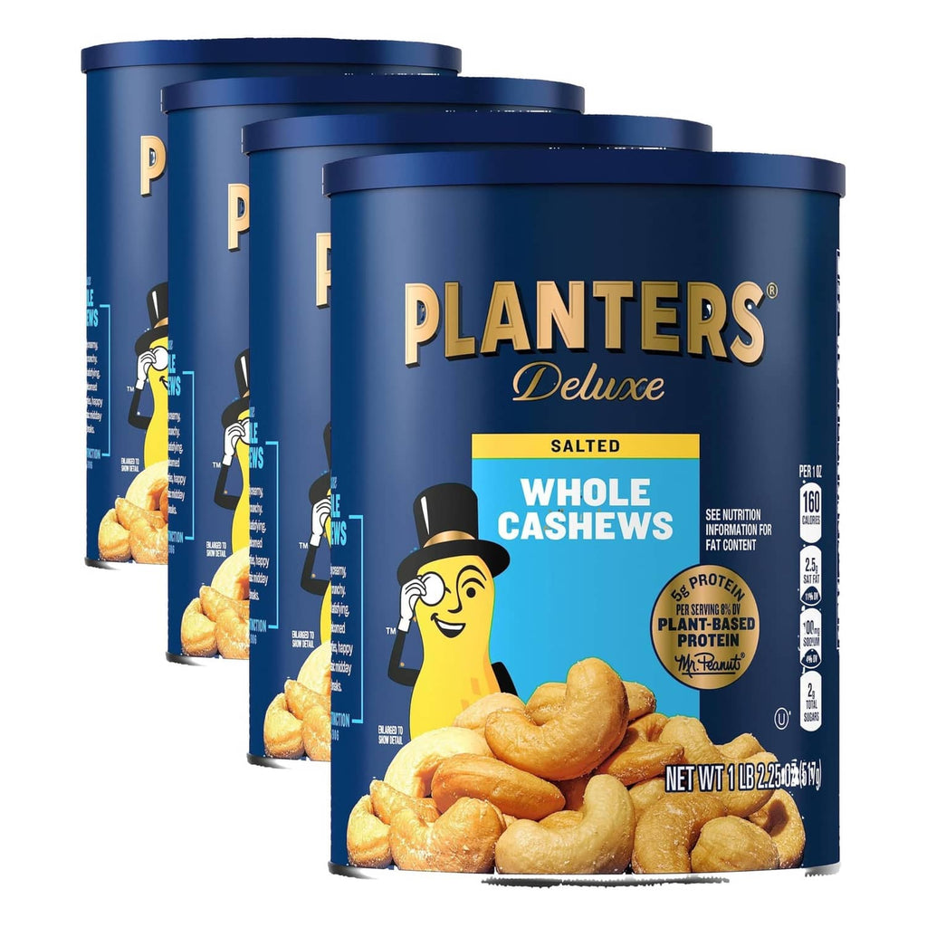 Salted whole cashews 4-pack in blue canisters with cashew artwork