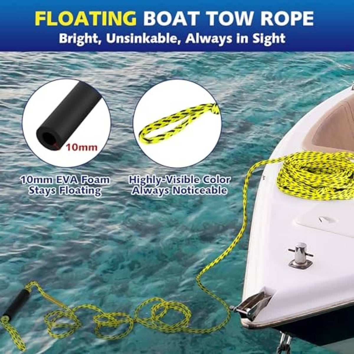 Yellow-and-black braided floating tow rope with black end sleeve, loose coil.