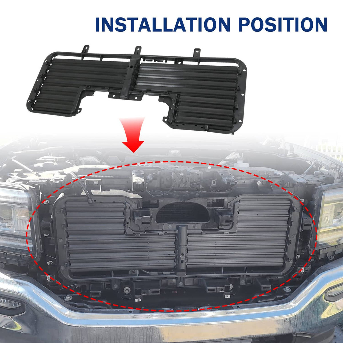 Front grille shutter assembly placed in front opening, black louver panels