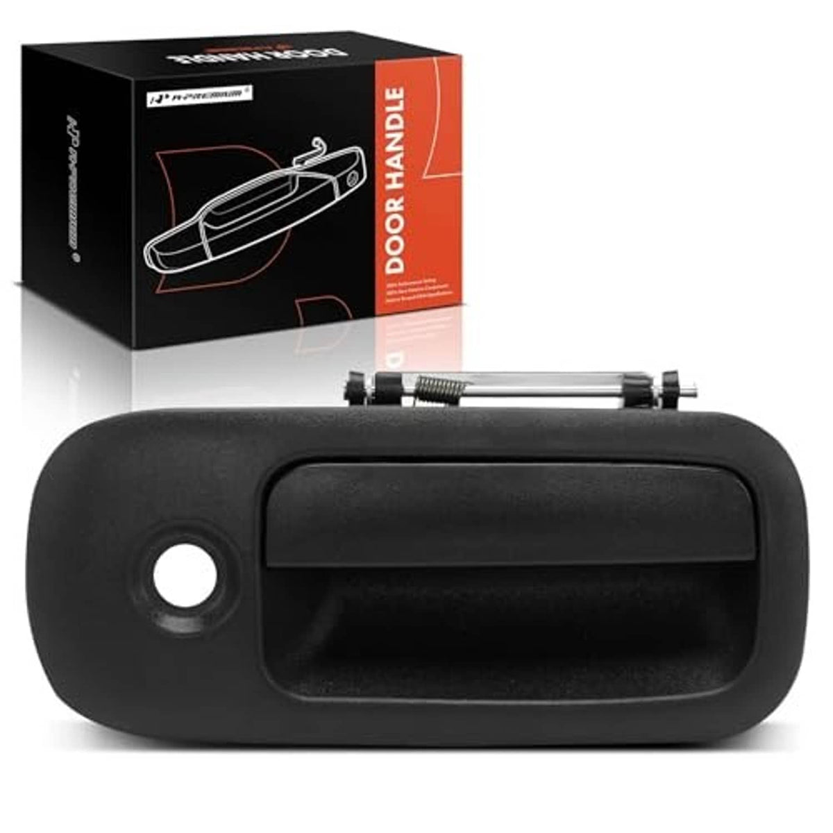 Textured black exterior door handle with circular keyhole, front right