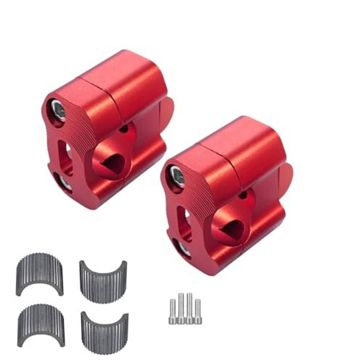 Pair of red handlebar riser blocks with screws and split ring adapters for 7/8-inch