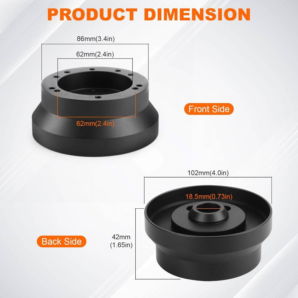 Black steering wheel hub adapter shown from front and side for dimension reference