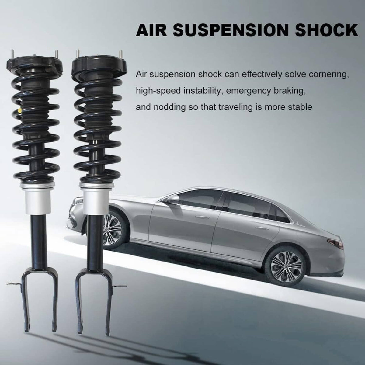 Air suspension shock strut pair with black coil springs and silver cylinder bodies