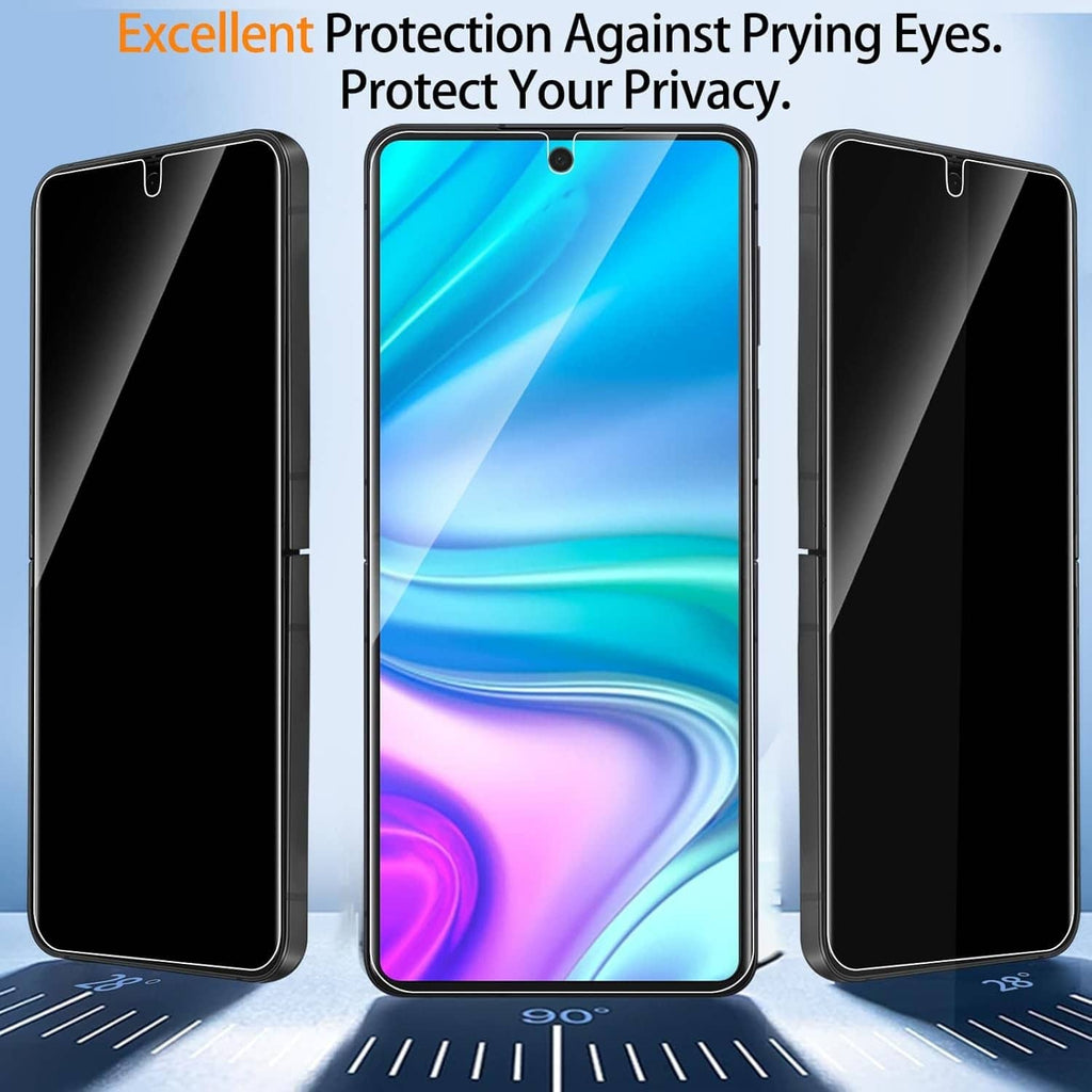 Ferilinso Z Flip privacy screen protector installed, black tinted cover with side cutouts