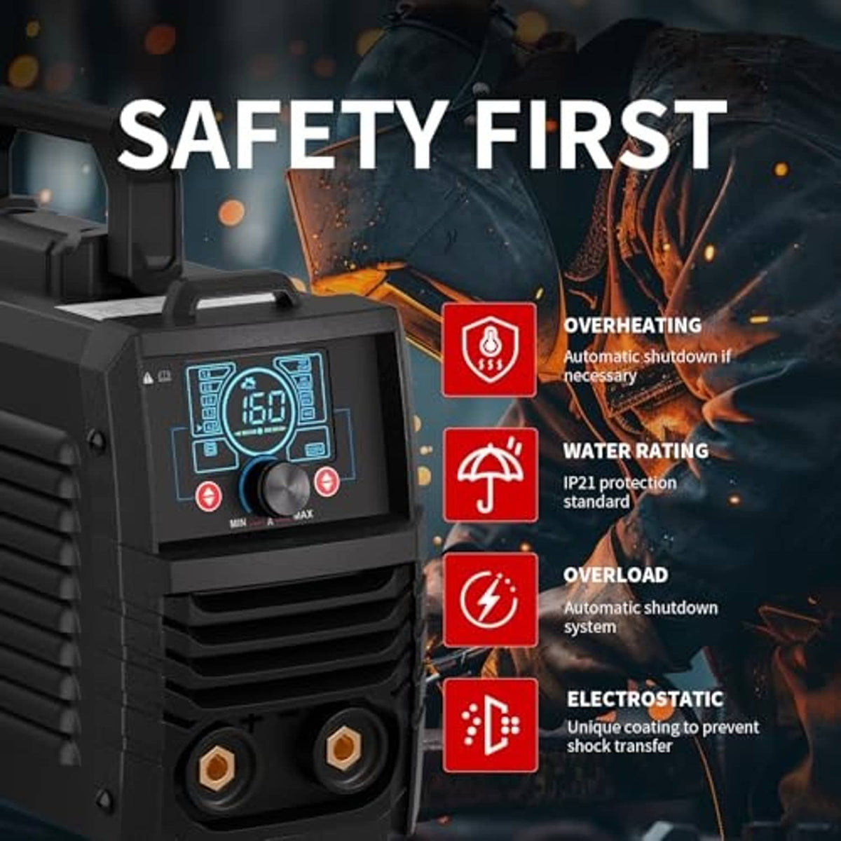 Portable inverter welder with front screen, ventilation vents, and dual output terminals