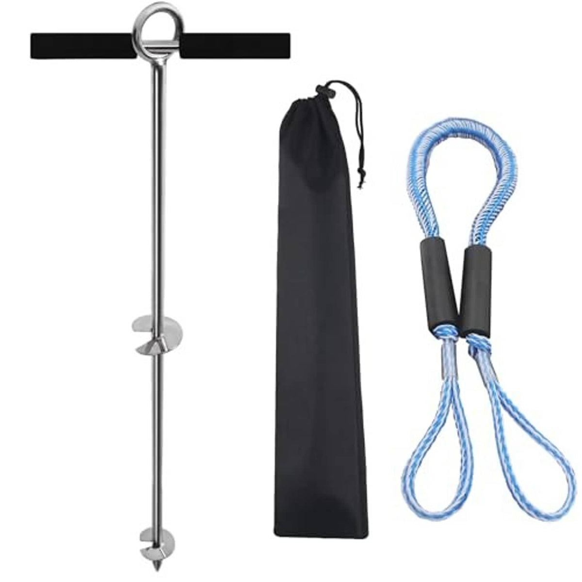 Stainless steel sand anchor screw with black cross bar, blue rope, and black storage bag