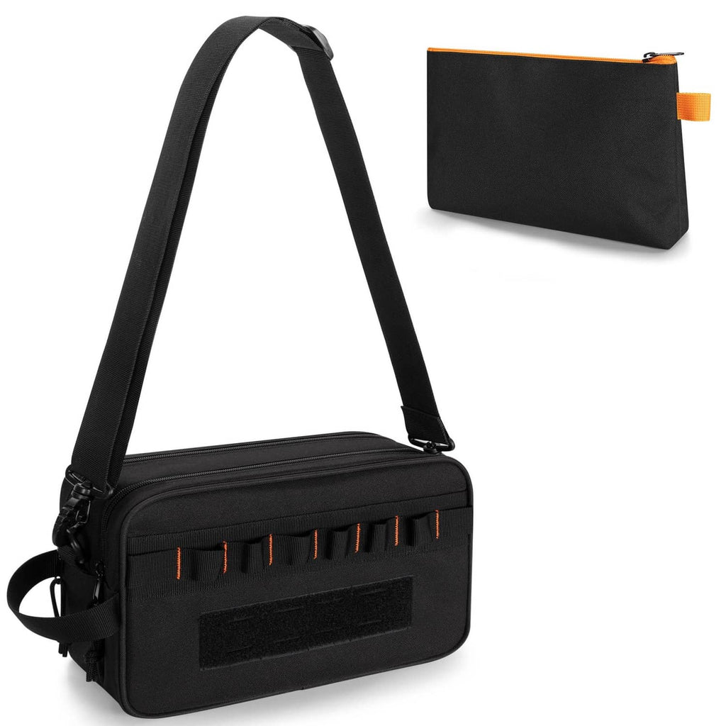 Black tool bag with long shoulder strap and front organizer strip, closed zip top