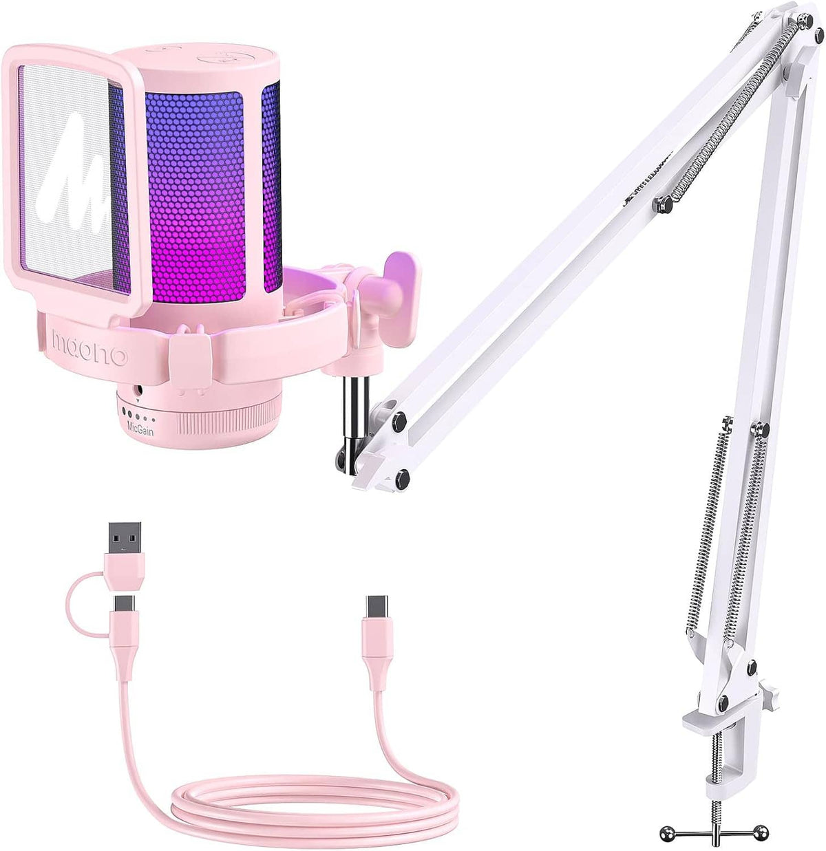 Pink USB gaming microphone with purple LED grille, USB cable, and white boom arm