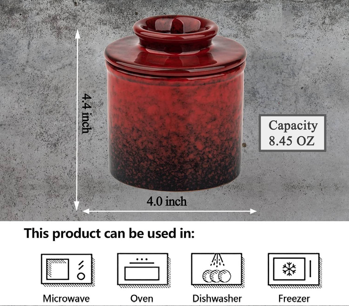 Red speckled ceramic butter crock with domed lid, front view with height lines.