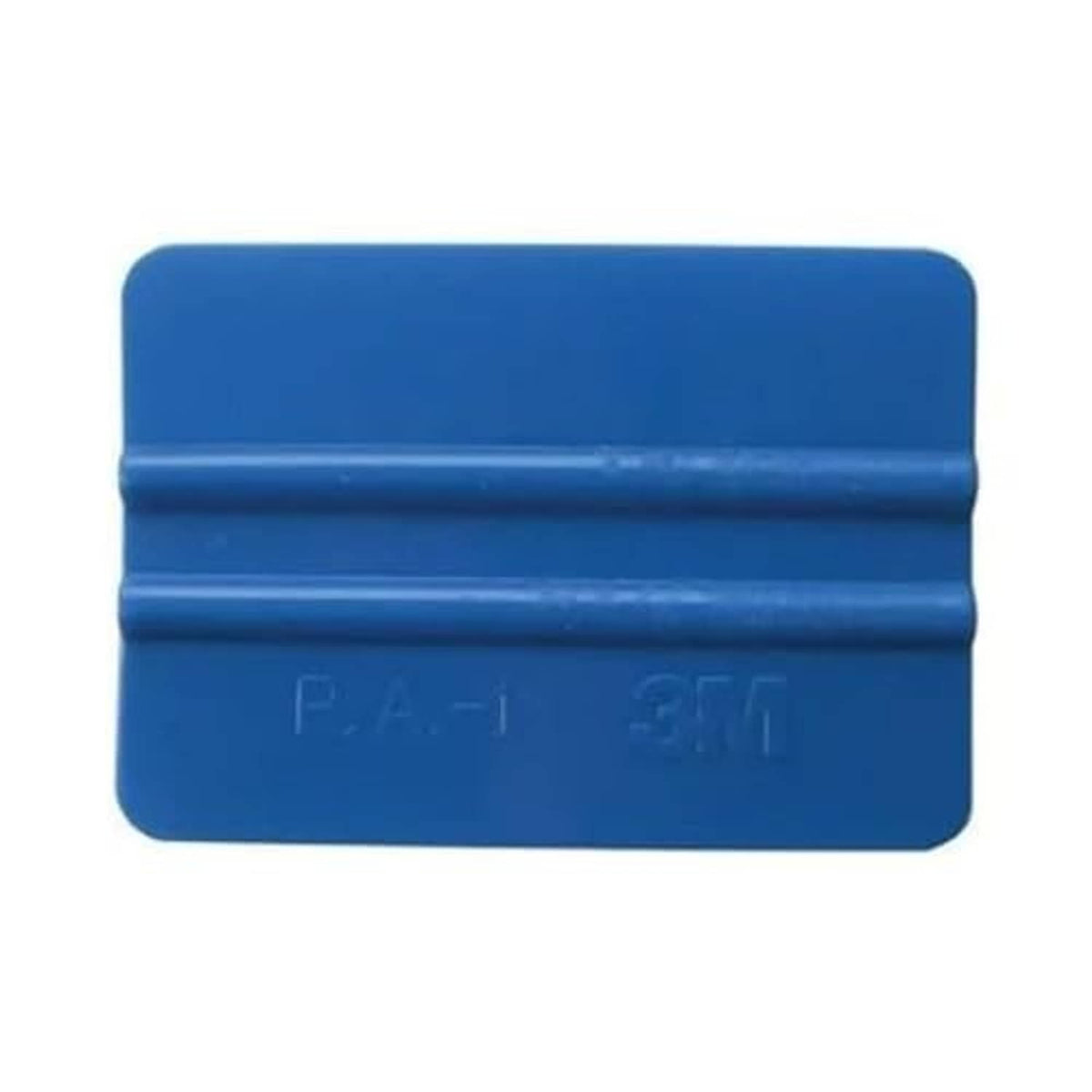 Blue plastic squeegee scraper with ribbed edge and molded lettering