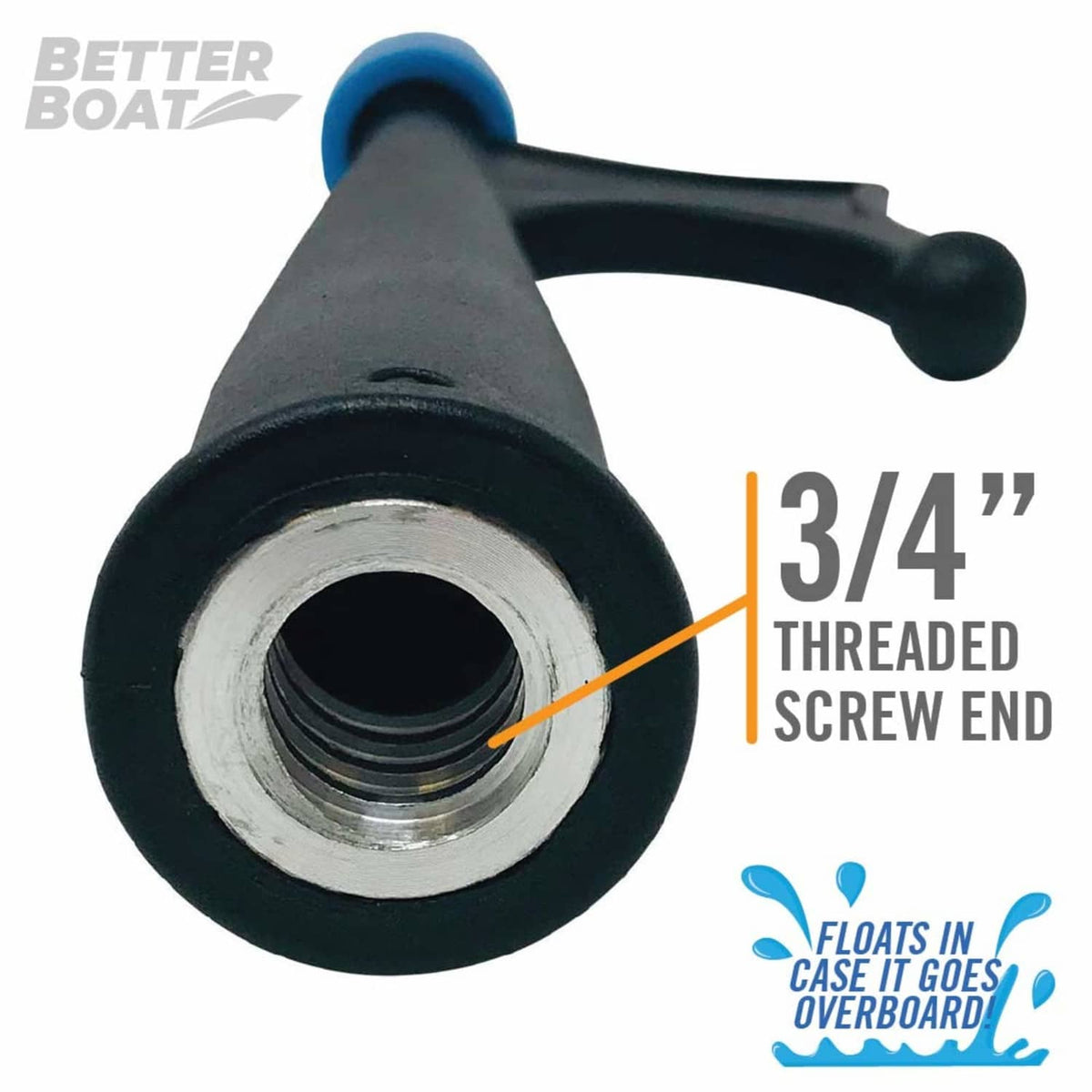 3/4" threaded screw end of black boat hook with blue rubber bumper