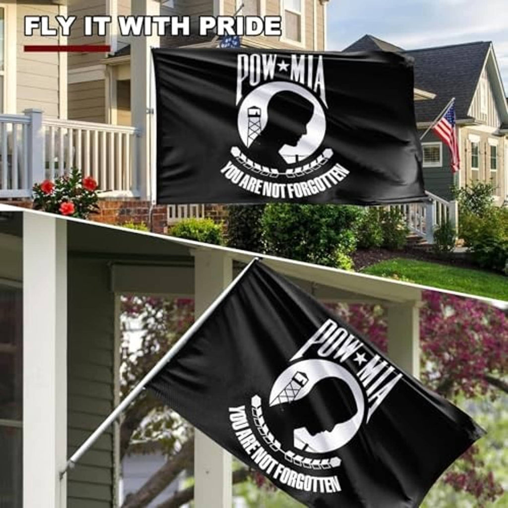 Black POW*MIA double-sided outdoor flag on rail and pole with emblem and “You are not forgotten”