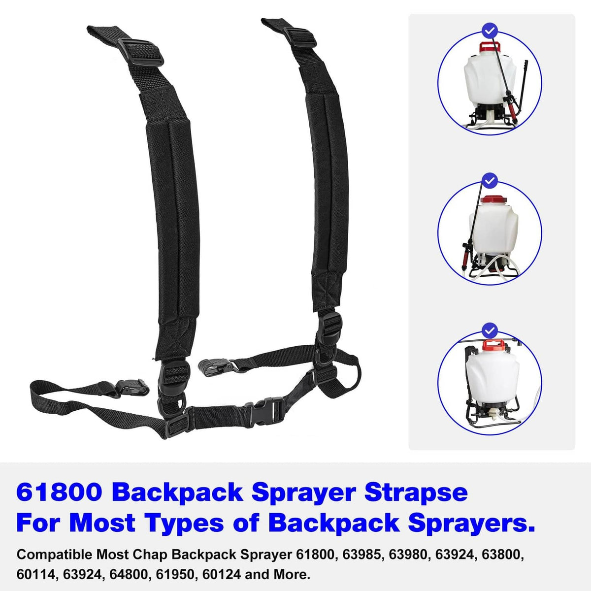 Black backpack sprayer shoulder straps with multiple adjustment buckles and clips