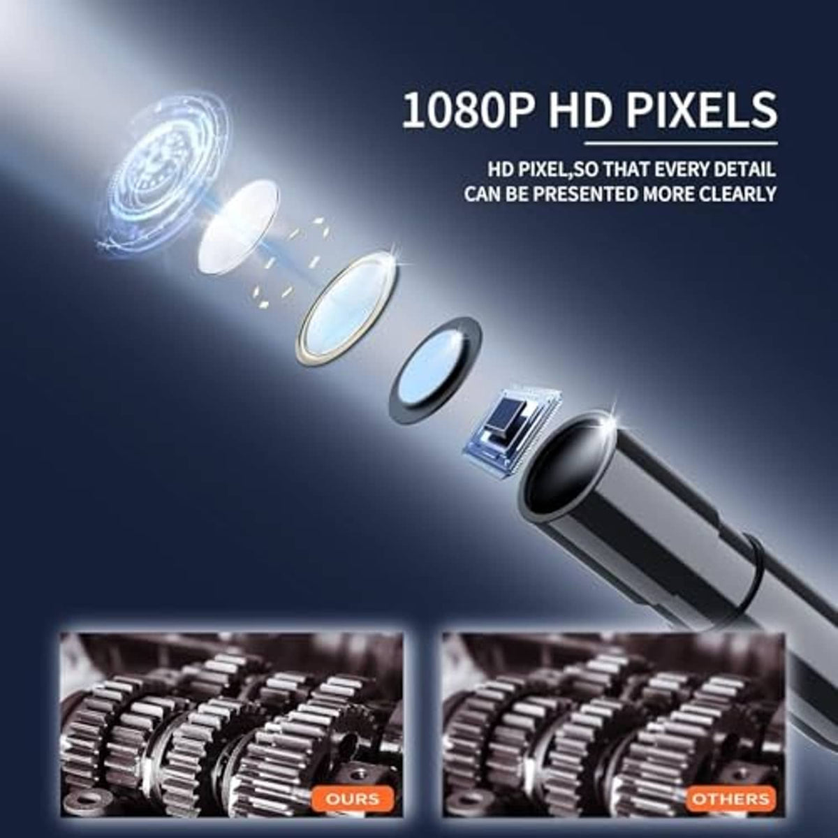 Endoscope camera with illuminated probe head and connected cable, showing multiple probe tips