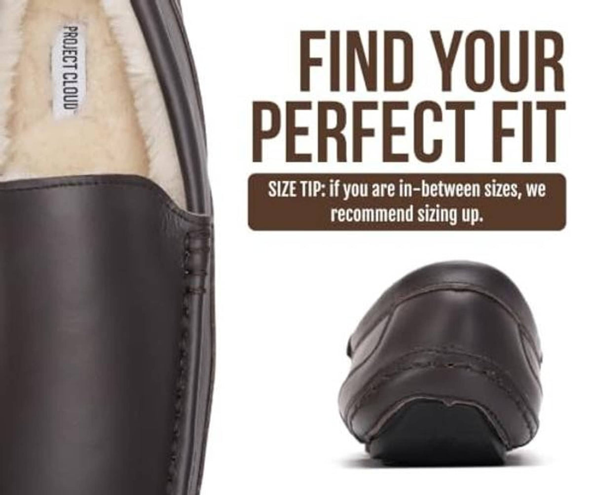 Men's dark brown leather slip-on house shoe, rounded toe and plush lining