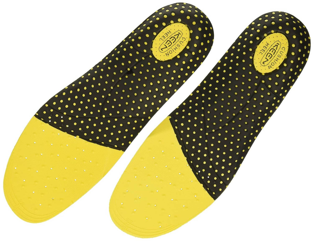Black dotted insole tops with yellow heel section, rounded toe and arch cutout