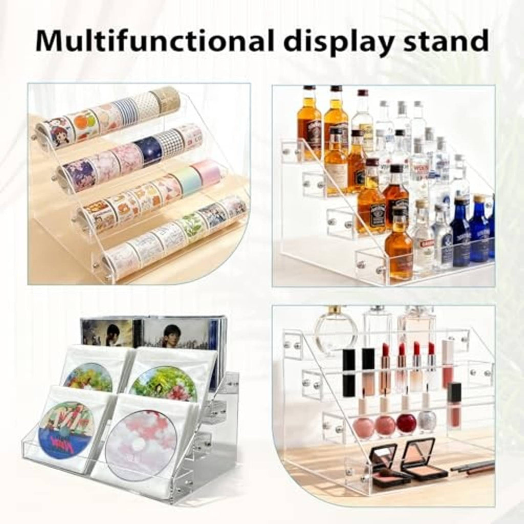 Clear acrylic multi-tier display stand holding items like DVDs, bottles, and cosmetics