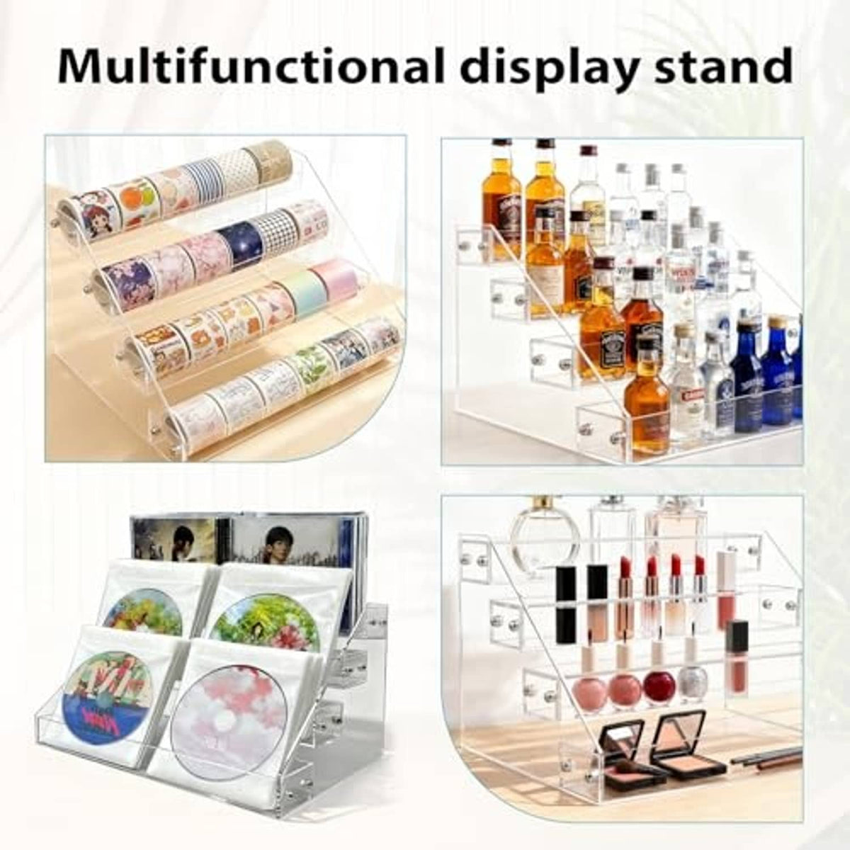 Clear acrylic multi-tier display stand holding items like DVDs, bottles, and cosmetics