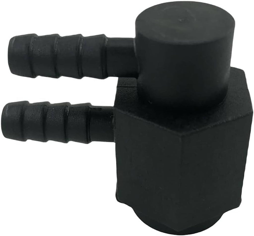 Black heater nozzle adapter with angled barbed ports and round top fitting