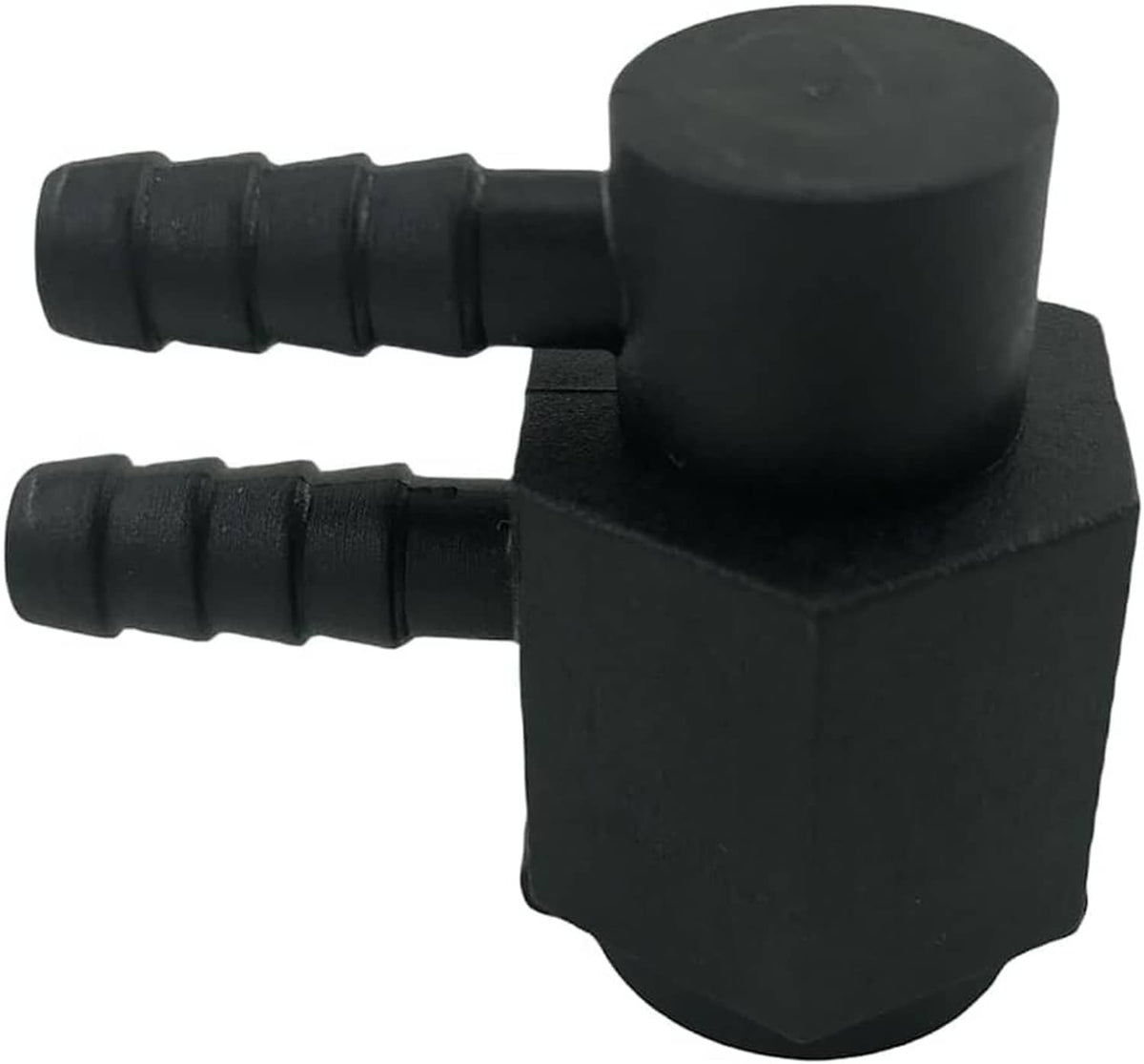 Black heater nozzle adapter with angled barbed ports and round top fitting