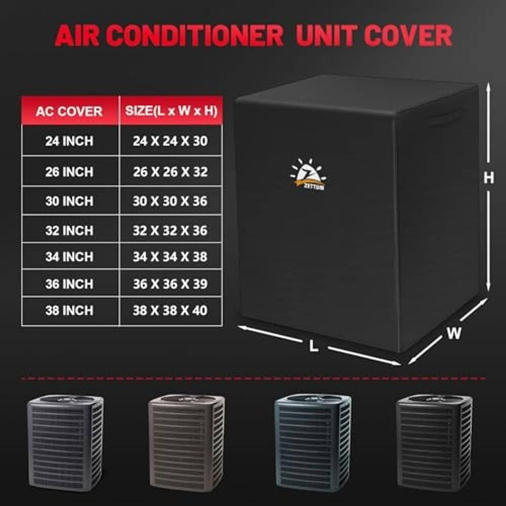 Black rectangular outdoor air conditioner unit cover with top handle and size guide