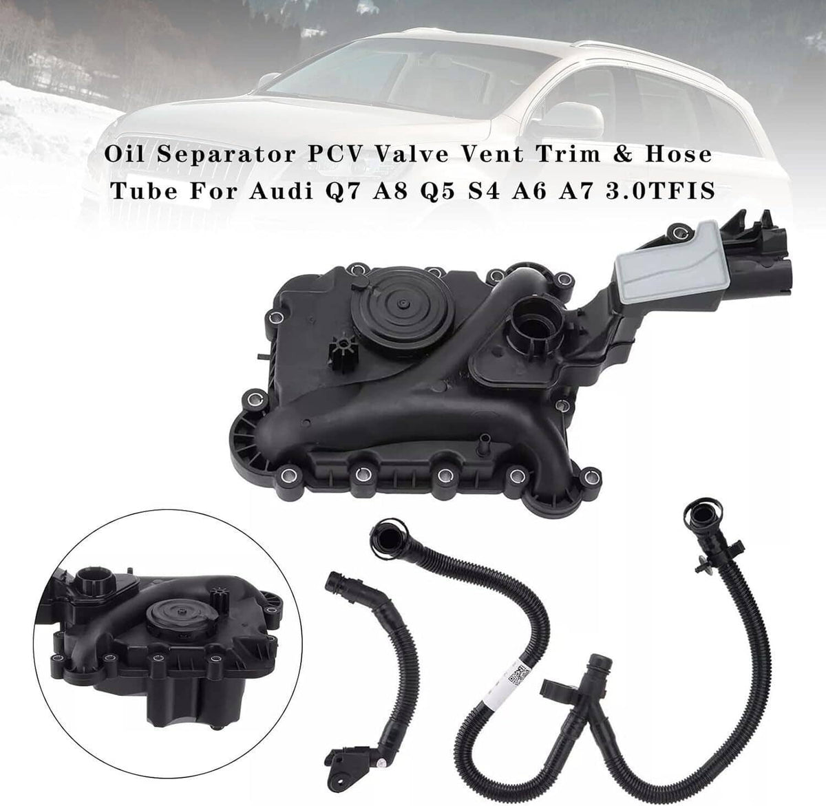 Oil separator PCV valve vent trim with black housing and connected vent hoses