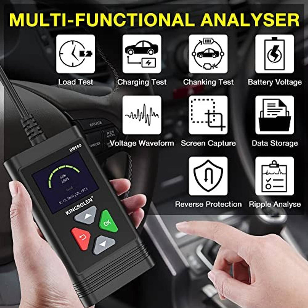Car battery tester device with screen and multi-function buttons, held near vehicle battery