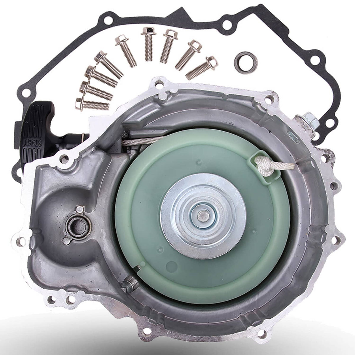 Recoil starter assembly showing green recoil wheel inside silver casing and gasket