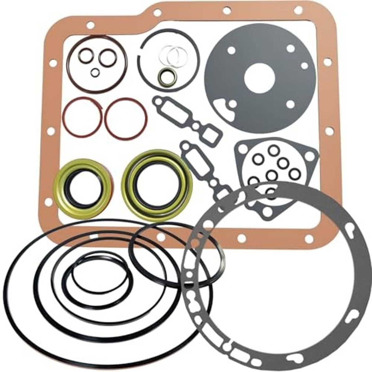 Transmission oil pan gasket kit with brown gasket, gray cover, seals, and green O-ring seals