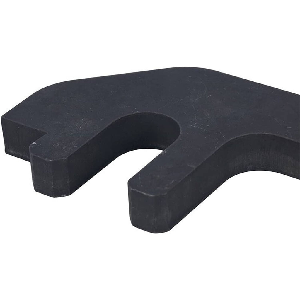 Black camshaft holding tool bracket with two U-shaped cutouts