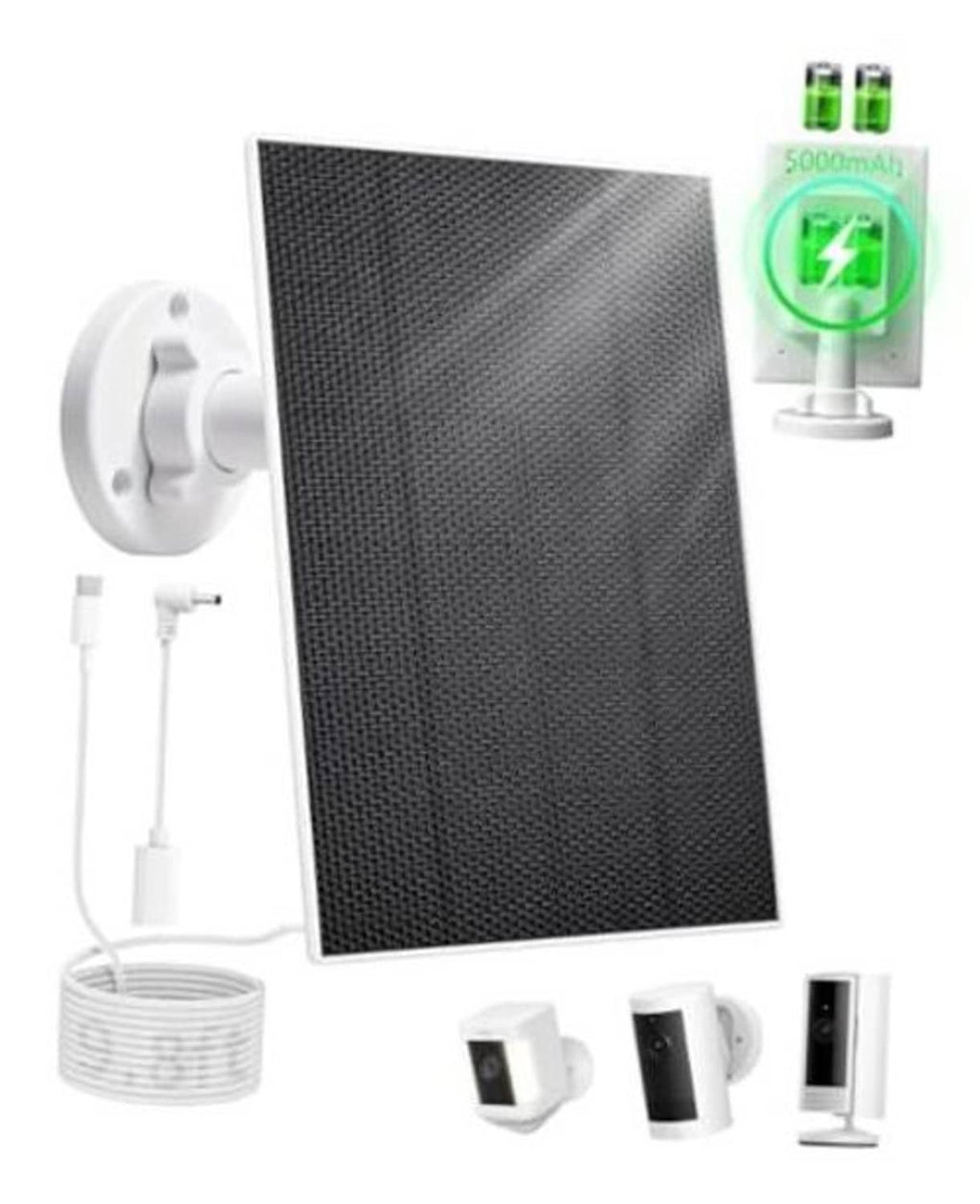 Solar panel charging kit with wall bracket, cables, and camera power accessories