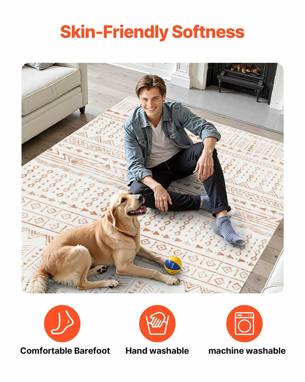 Beige area rug with soft cushioning and washable feature icons on the layout