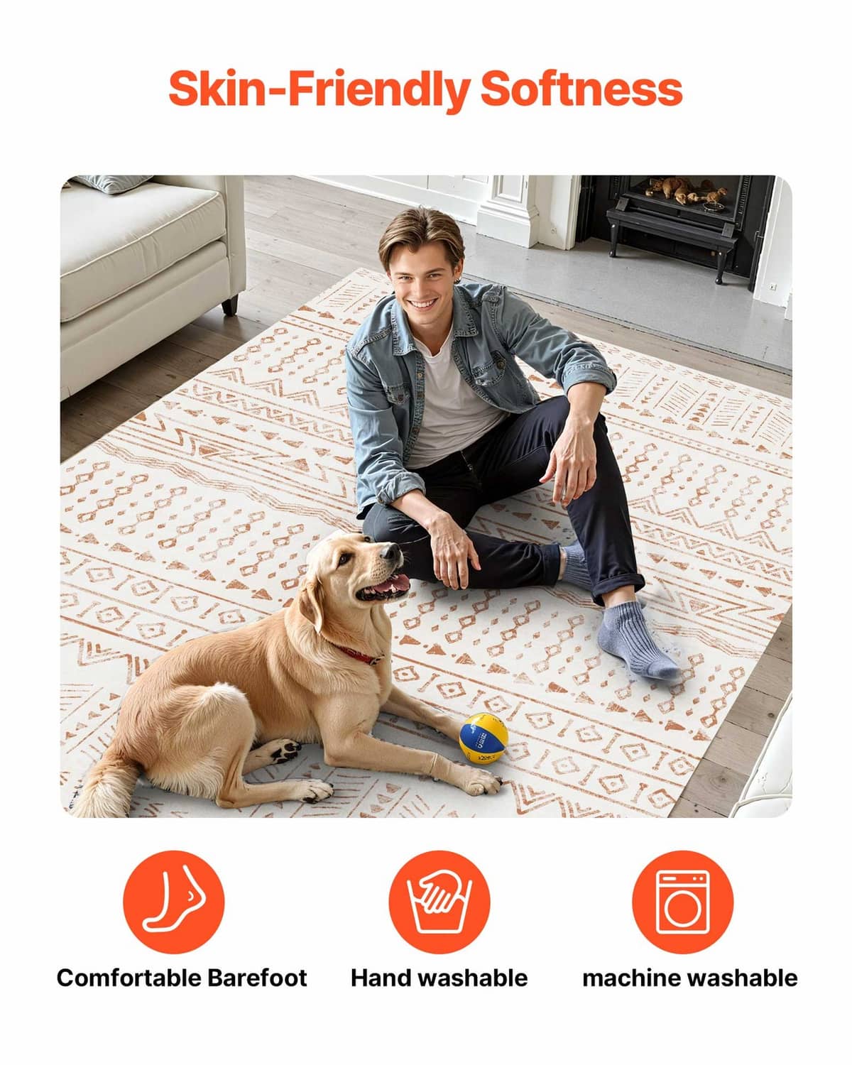 Beige area rug with soft cushioning and washable feature icons on the layout