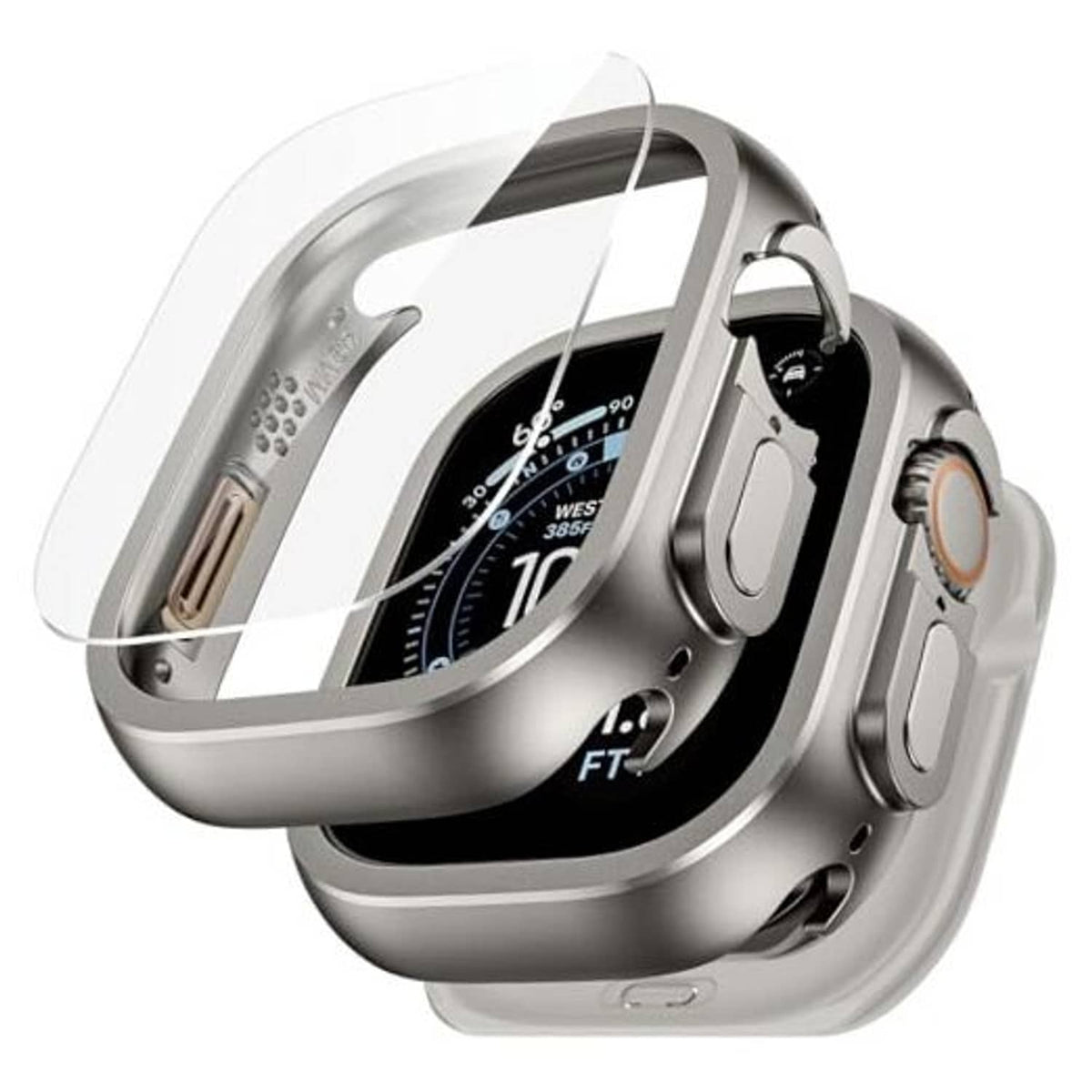 Anti-crack metal watch case with clear screen protector, rounded silver frame