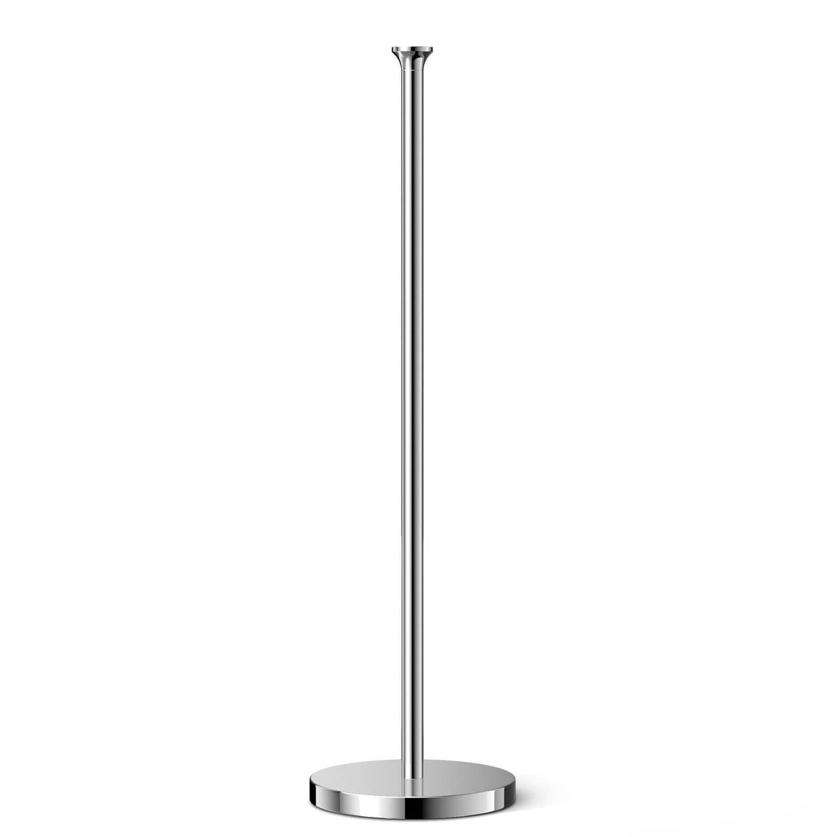 Chrome freestanding toilet paper holder stand with round base, no roll shown