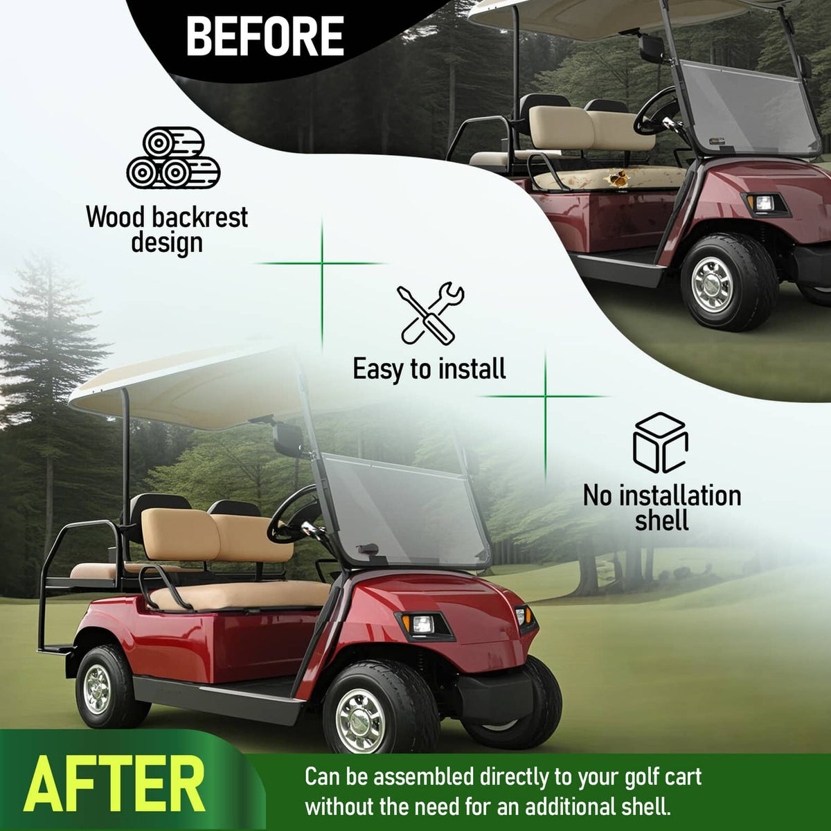 Tan seat bottom cushion on a golf cart after installation