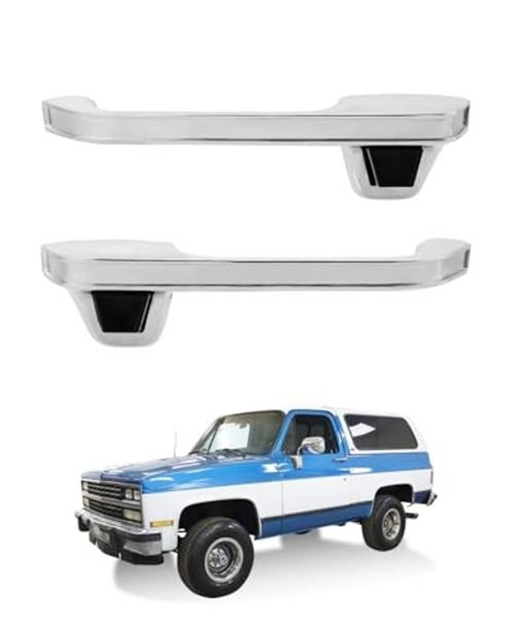 Pair of chrome exterior door handles with black rectangular insert brackets